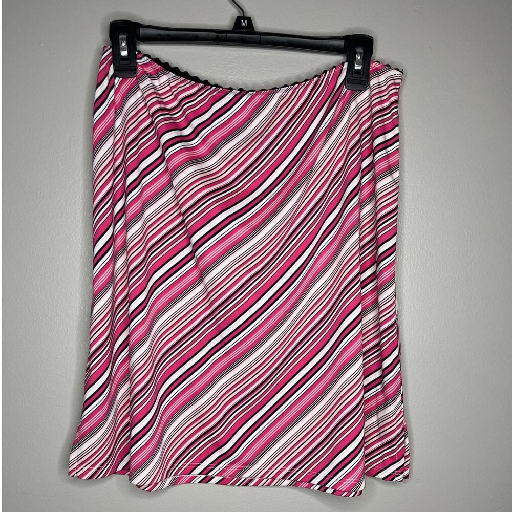GEORGE Pink and White Y2K Vintage Striped Flowy Black Lattice Trim Slit Skirt L